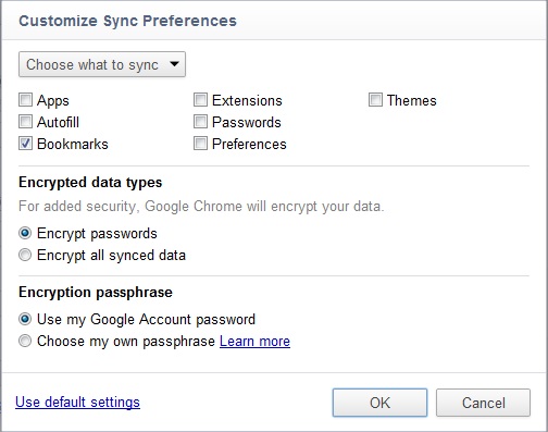 Choose your settings to sync