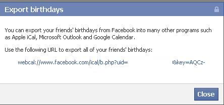 Facebook birthday export URL