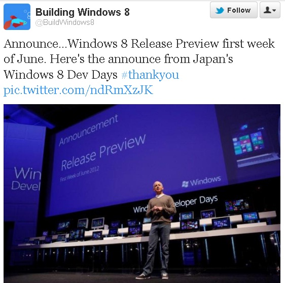 Windows 8 "release preview" coming in June.