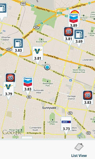 GasBuddy uses Google maps to locate the gas stations in your area