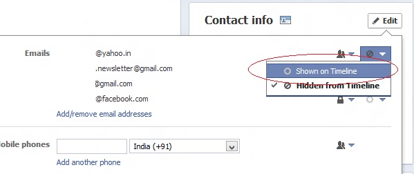 Show or Hide the email address from the Facebook Timeline