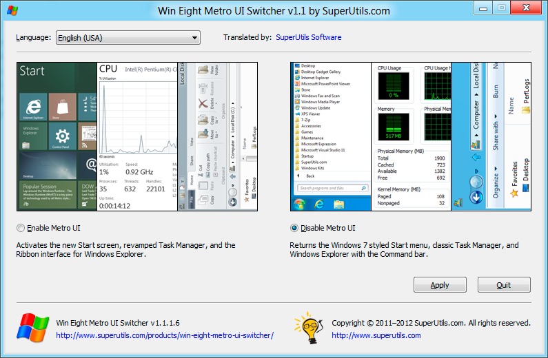 Windows 8 Metro UI Switcher helps you to disable the Metro UI