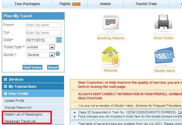 travel list - master passenger list - irctc