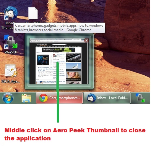 Middle click on Aero Peek Thumbnail to close the application