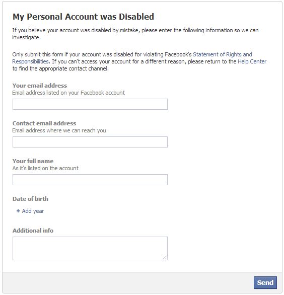 Facebook form to re-enable the disabled account