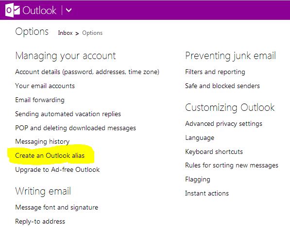 create outlook alias