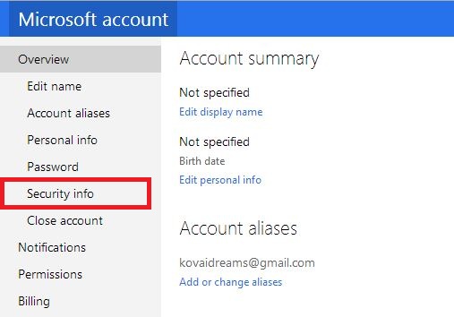 Enable two step verification for microsoft account