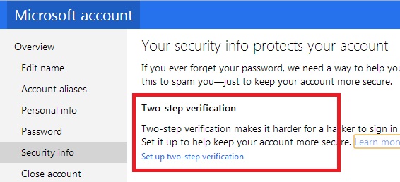 Enable two step verification for Microsoft account