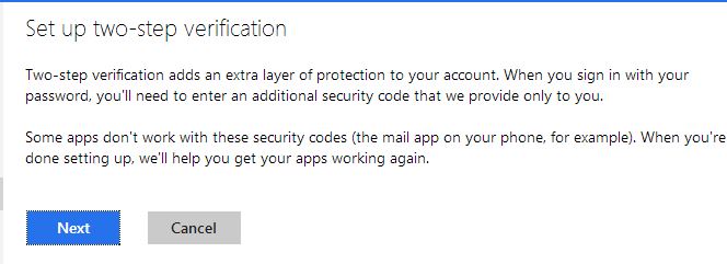 Enable two step verification for microsoft account