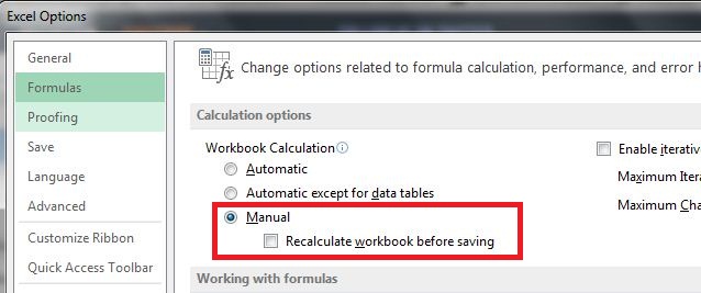 Excel 2013 - Disable Automatic calculations