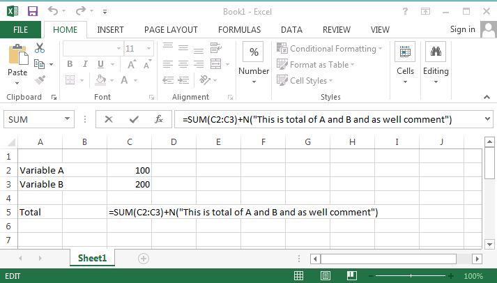 Add a comment to formulas in Excel 2013