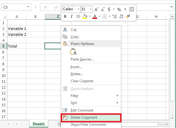 How to delete a comment added to a cell in Excel