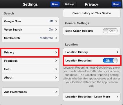 Disable Google Search Location reporting