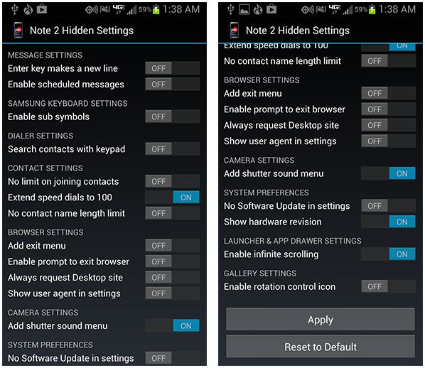 Enable hidden settings on Galaxy Note II