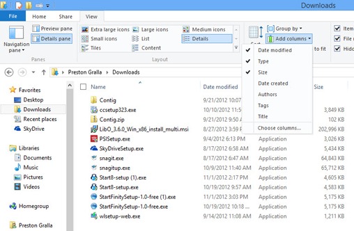 Windows 8 File Explorer Adding Columns