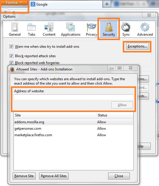 Add trusted sites in firefox