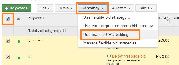 edit all keywords adwords