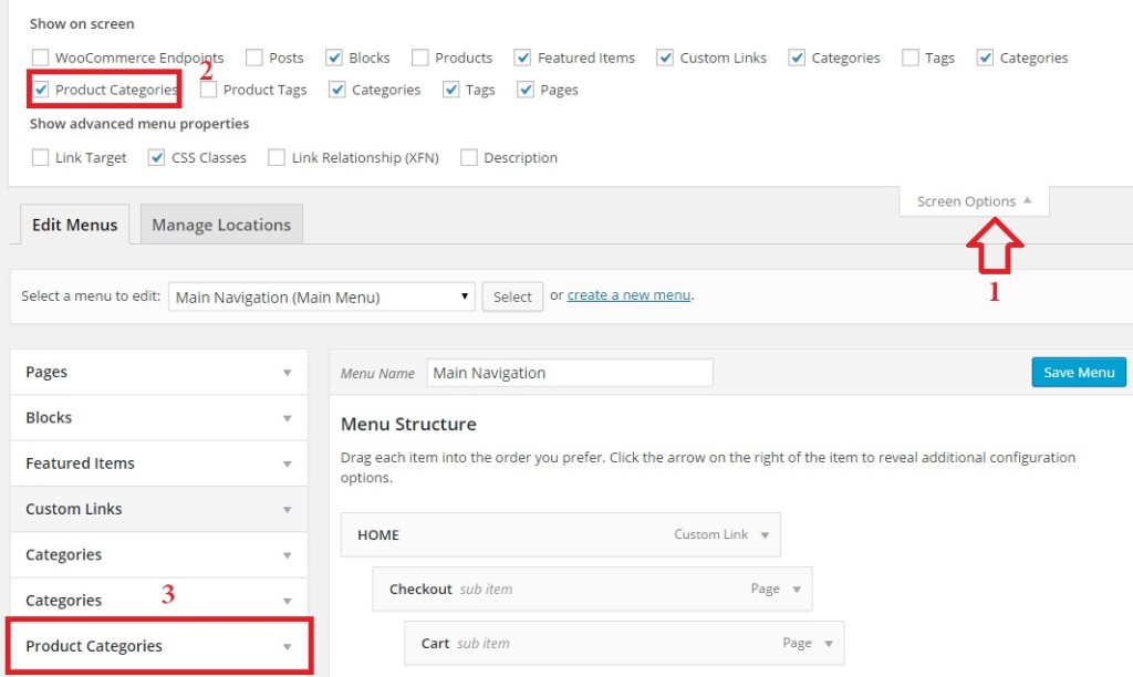 Product categories to wp menu