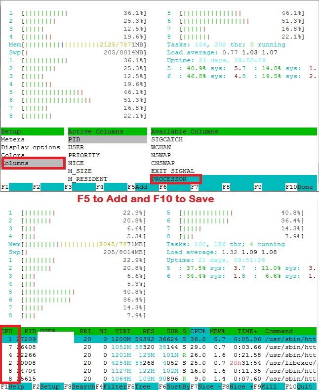 htop to get cpu id