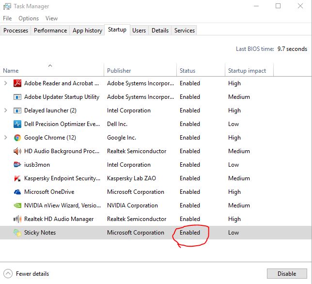 Enable Sticky Notes in the Startup Windows 10