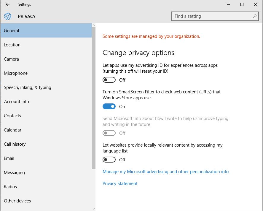 privacy settings win10