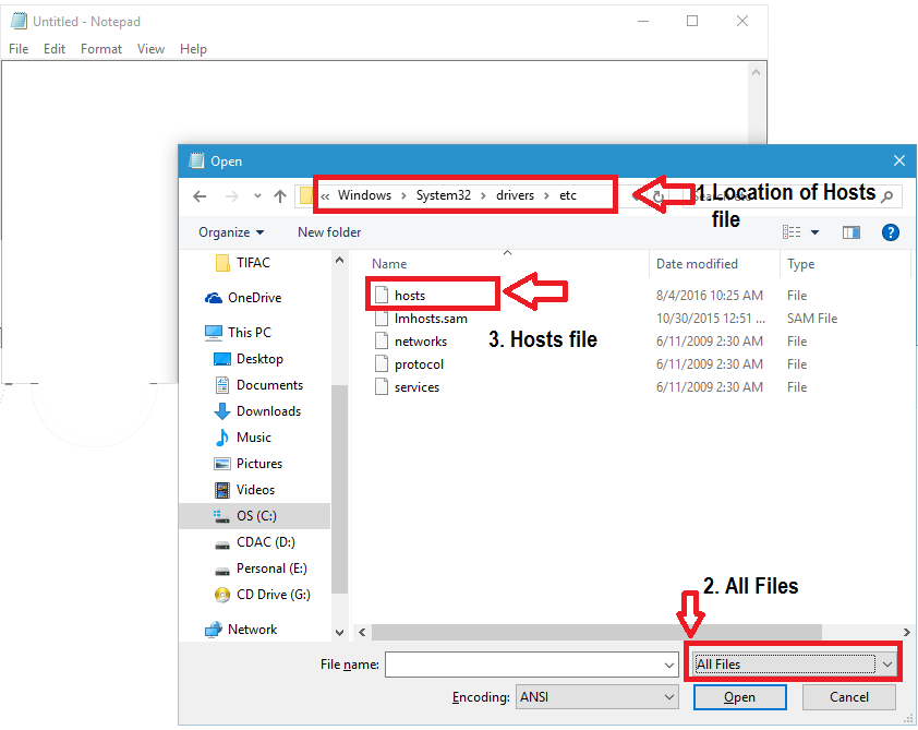 Open Hosts file in Windows using Notepad