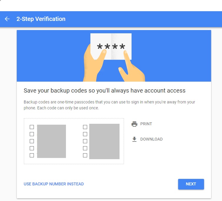 Two-step authentication using backup codes