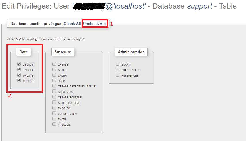 phpmyadmin no privileges create database linux