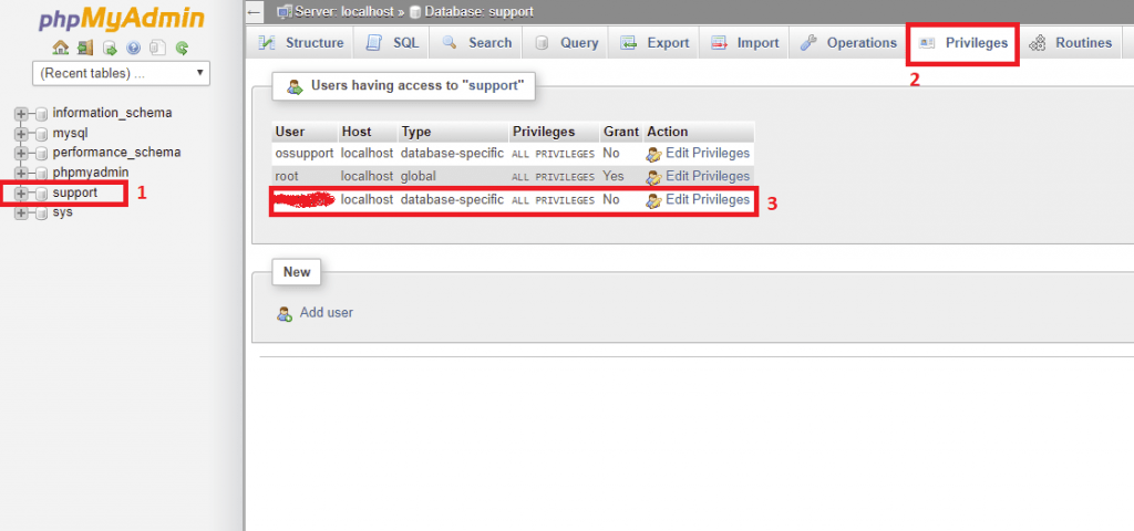 phpmyadmin grant user access to database