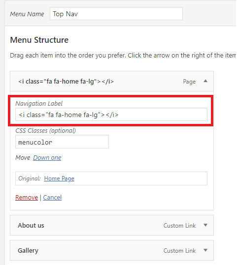 Icon in WordPress Navigation Menu