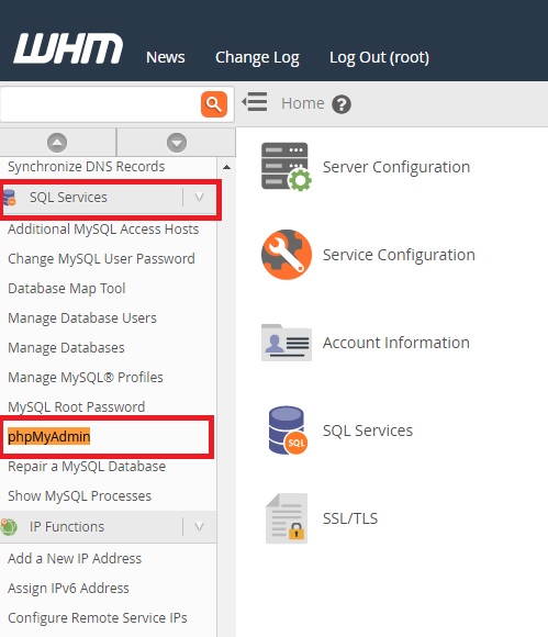 whm phpmyadmin access