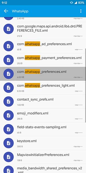 WhatsApp preferences file