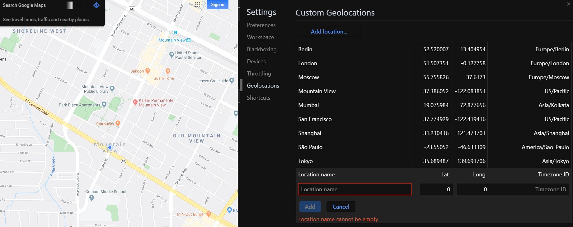 Google Chrome Geo location emulation add locations