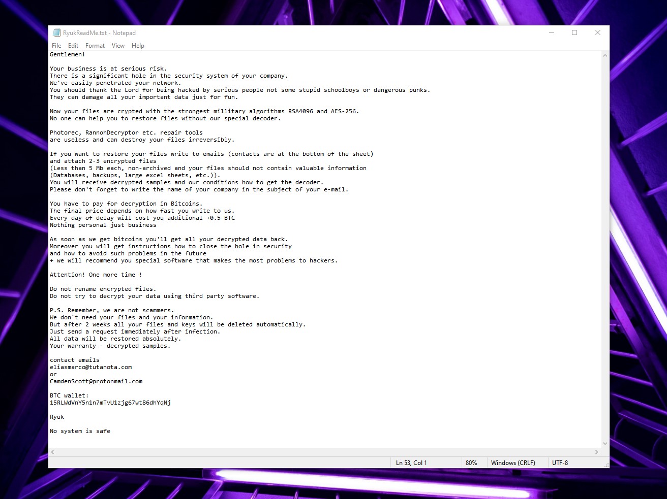 RYUK ransomware attack message