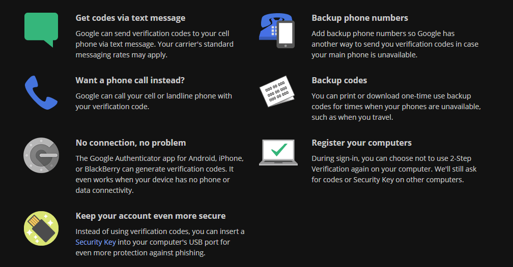 Google's different ways of Two Factor Authentication