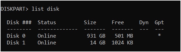 diskpart command to list disks