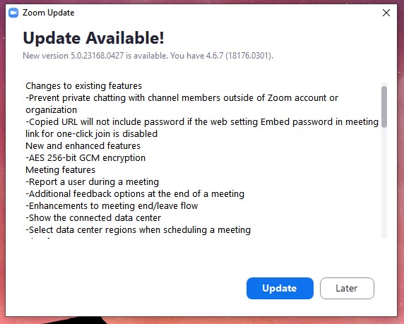 Zoom 5 update available