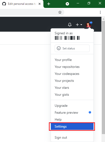 GitHub settings menu