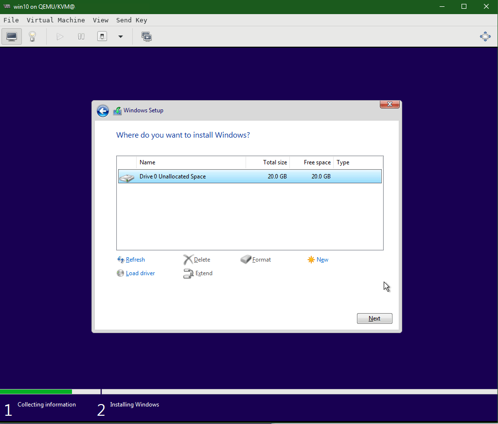 KVM select Virtual Hard Disk for Windows Installation