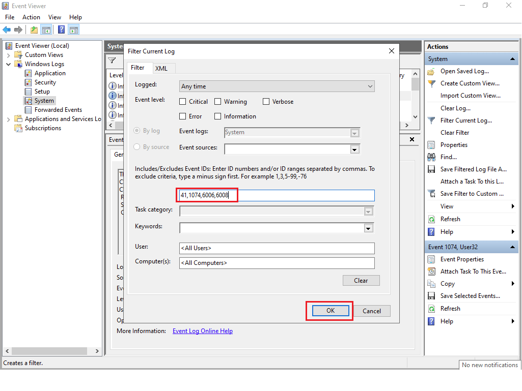 Windows10 Filter System logs based on Event IDs